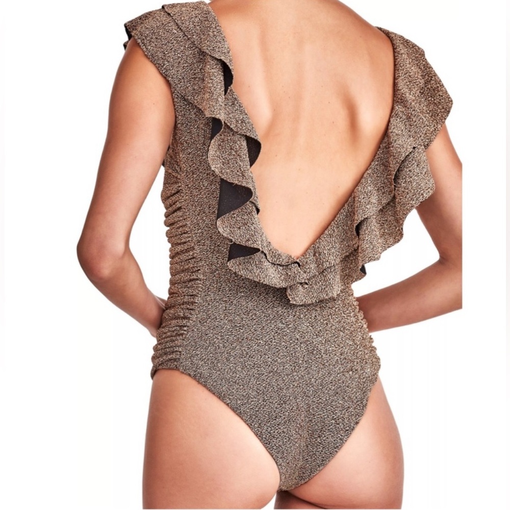 Devon Windsor Ruched Flity Ruffle V Neck Full One Piece Swimsuit size M